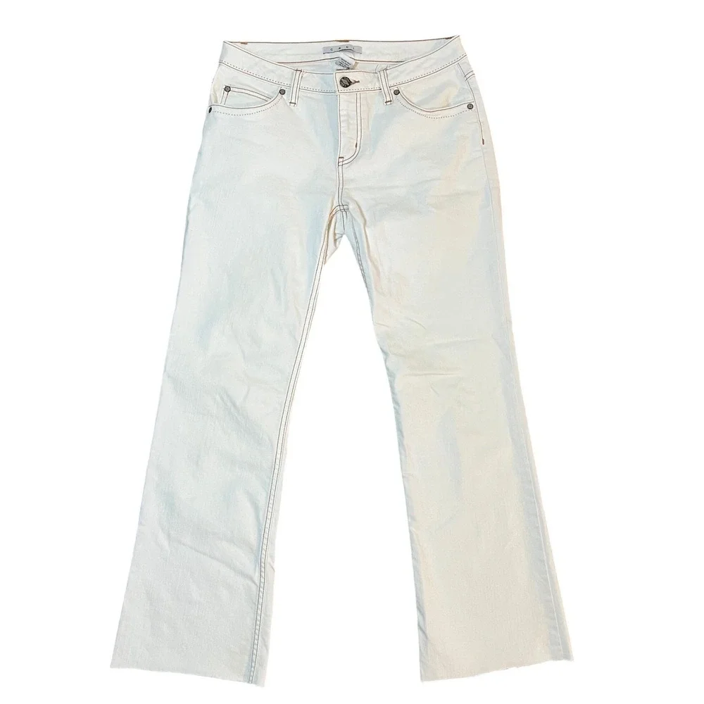 Cabi White Bootcut Jeans Size 6 Short Contrast Stitch Denim Raw Hem Western Boho - Picture 1 of 8